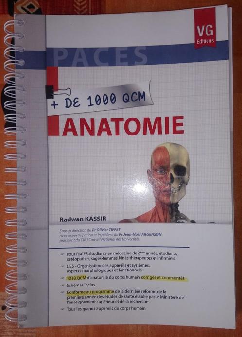 PACES + de 1000 QCM d'anatomie, Livres, Livres d'étude & Cours, Utilisé, Enseignement supérieur, Enlèvement ou Envoi