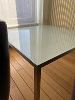 Salontafel in RVS geborsteld staal met glazen blad., Huis en Inrichting, Tafels | Salontafels, Ophalen, 50 tot 100 cm, Vierkant