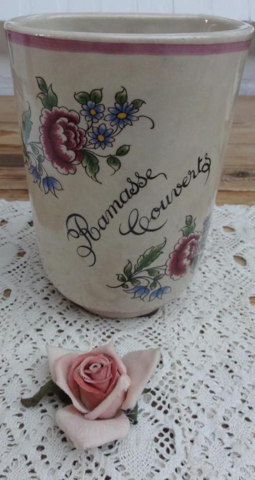 Franse keramieke Ramasse Couverts / bestekbak met bloemen, Antiquités & Art, Curiosités & Brocante, Enlèvement ou Envoi