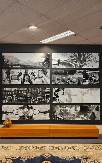 Unieke grote zwart witte kunstwerken / foto collages (160x50 beschikbaar voor biedingen
