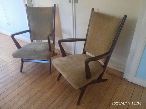 Set van 2 geel (mos) groene fauteuils Vintage Retro Design, Huis en Inrichting, Fauteuils, Zo goed als nieuw, Hout, Ophalen