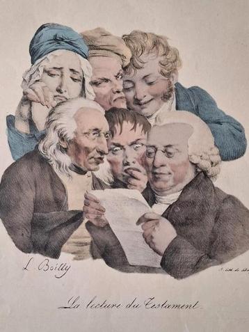 Litho L. Boilly met de hand ingekleurd Lezen van testament  beschikbaar voor biedingen