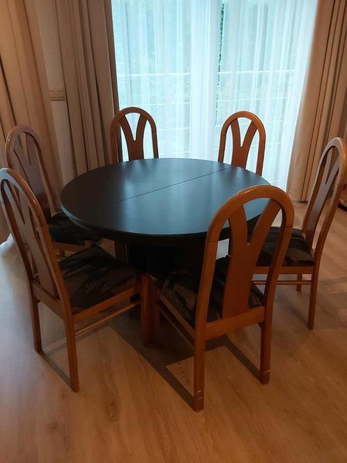Table ronde + 6 chaises robustes, noir/bois., Maison & Meubles, Salles à manger complètes, Utilisé, Enlèvement