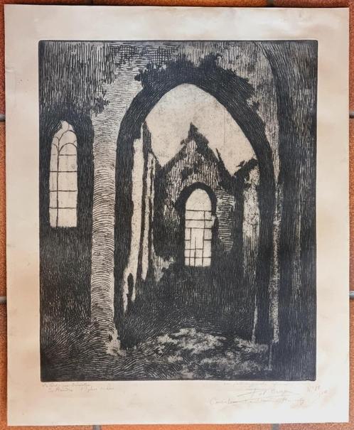 Pol CRAPS - Ets - Verwoeste Loo-kerk, Antiek en Kunst, Kunst | Etsen en Gravures, Ophalen