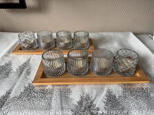 ️ Lot de 2 plateaux en bois avec photophores en verre, Huis en Inrichting, Woonaccessoires | Kandelaars en Kaarsen, Zo goed als nieuw