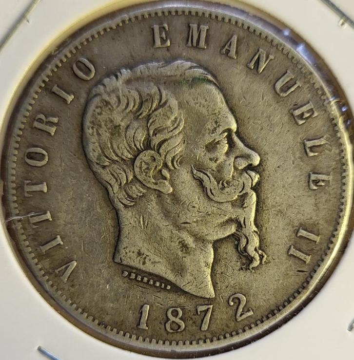 Italië 5 lire 1872 Zilver .900 M BN Milaan KM#8.3 VERY FINE, Postzegels en Munten, Munten | Europa | Niet-Euromunten, Losse munt