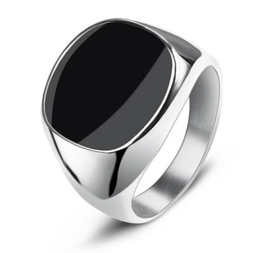 Zegelring met zwarte steen, Handtassen en Accessoires, Ringen, Nieuw, Heer, Zwart, IJzer of Staal, Verzenden