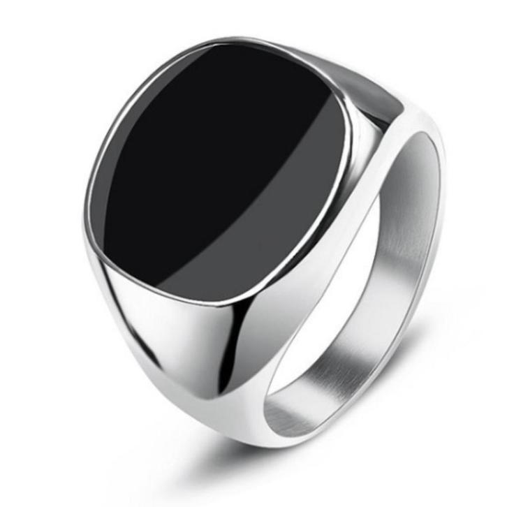 Zegelring met zwarte steen, Handtassen en Accessoires, Ringen, Nieuw, Heer, Zwart, IJzer of Staal, Verzenden