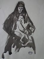 gewassen tekening War Van Overstraeten vrouw met kind, Enlèvement ou Envoi