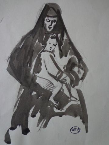gewassen tekening War Van Overstraeten vrouw met kind