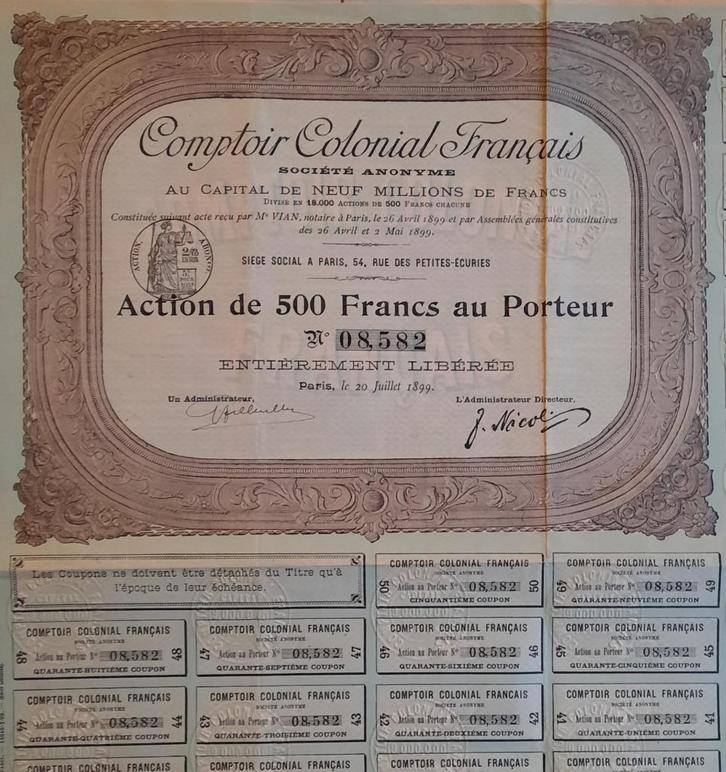 Comptoir Colonial Français -  - 1899 !!, Postzegels en Munten, Aandelen en Waardepapieren, Aandeel, Voor 1920, Ophalen of Verzenden