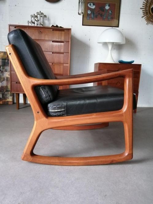 Ole Wanscher Senator schommelstoel retro Deens teak vintage, Huis en Inrichting, Fauteuils, Gebruikt, Hout, Leer, Metaal, 50 tot 75 cm