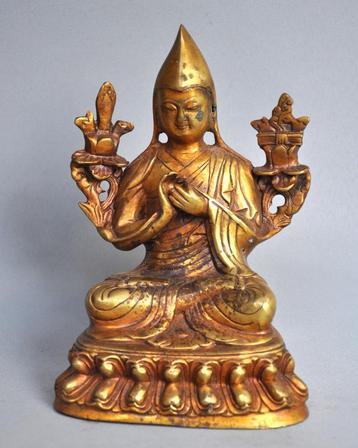 Goud verguld bronzen beeld van een Tibetaanse lama, Gelugpa,