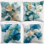 Set van 4 kussenhoezen bloemen turquoise goud 45x45cm, Huis en Inrichting, Verzenden, Nieuw, Blauw, Vierkant