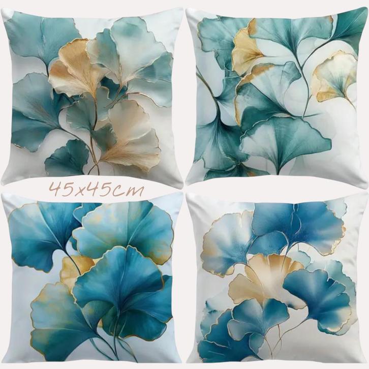 Set van 4 kussenhoezen bloemen turquoise goud 45x45cm, Huis en Inrichting, Woonaccessoires | Kussens, Nieuw, Blauw, Vierkant, Verzenden