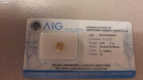 0.90 karaat gepolijste gele ronde diamant met certificaat, Handtassen en Accessoires, Edelstenen, Nieuw, Ophalen of Verzenden