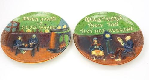 vlaams aardewerk 2 borden met spreuk, Antiquités & Art, Antiquités | Céramique & Poterie, Enlèvement ou Envoi