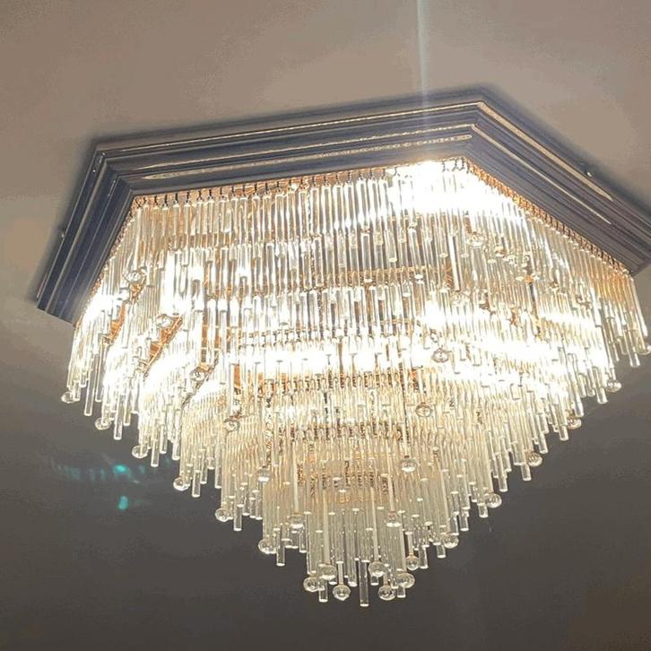 Luxueuze vintage plafondkroonluchter, Maison & Meubles, Lampes | Lustres, Utilisé, Verre, Métal, Enlèvement