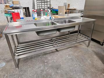 Inox dubbele wasbak tafel 223 x 60 cm beschikbaar voor biedingen