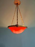 Art Deco kroonluchter, brons/messing en oranje opaline,1920, Antiek en Kunst, Ophalen of Verzenden