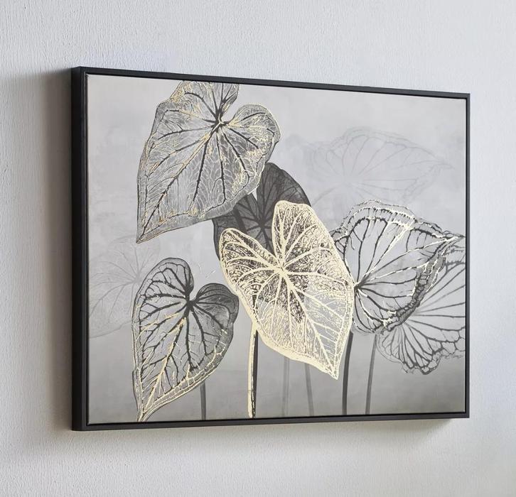 Ingelijste canvas van tropische bladeren met goudtint, Antiek en Kunst, Kunst | Schilderijen | Abstract, Ophalen