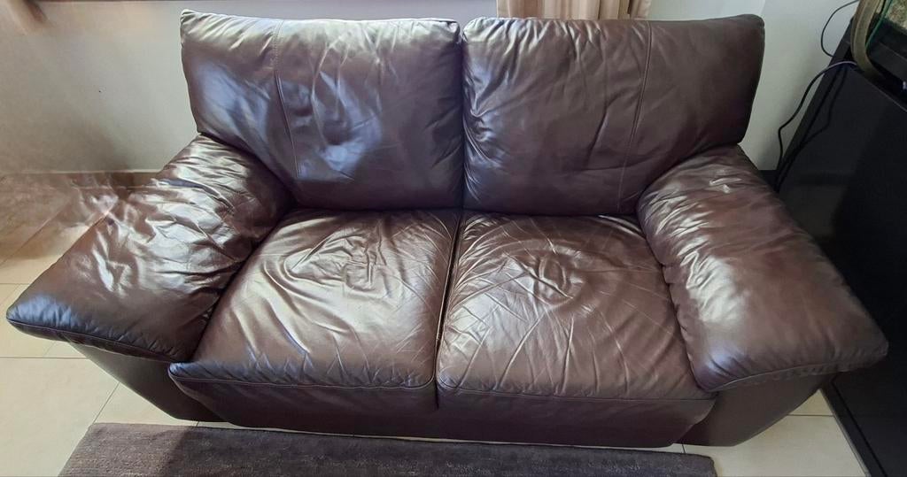 Canapé biplace en cuir marron, Maison & Meubles, Canapés | Salons, 75 à 100 cm, Enlèvement, Utilisé, Tijdloos