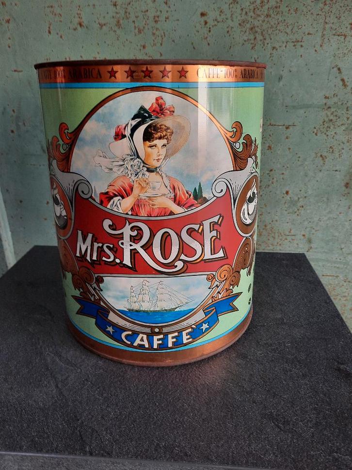 Vintage groot koffieblik "Mrs Rose", Verzamelen, Blikken, Gebruikt, Koffie, Overige merken, Ophalen