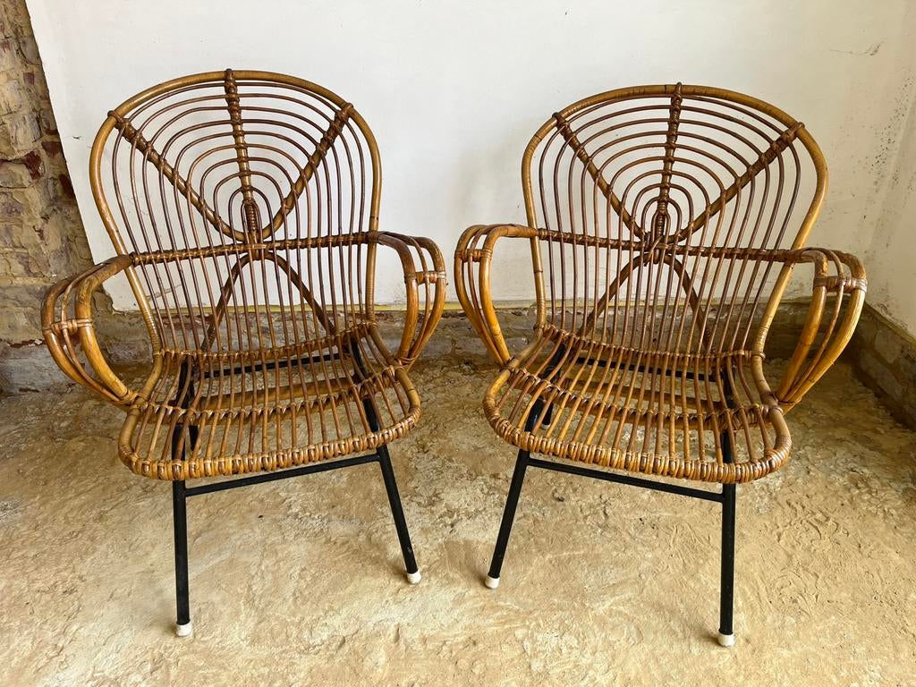 Set vintage rotan fauteuils – retro, Tuin en Terras, Ophalen, Zo goed als nieuw, Rotan