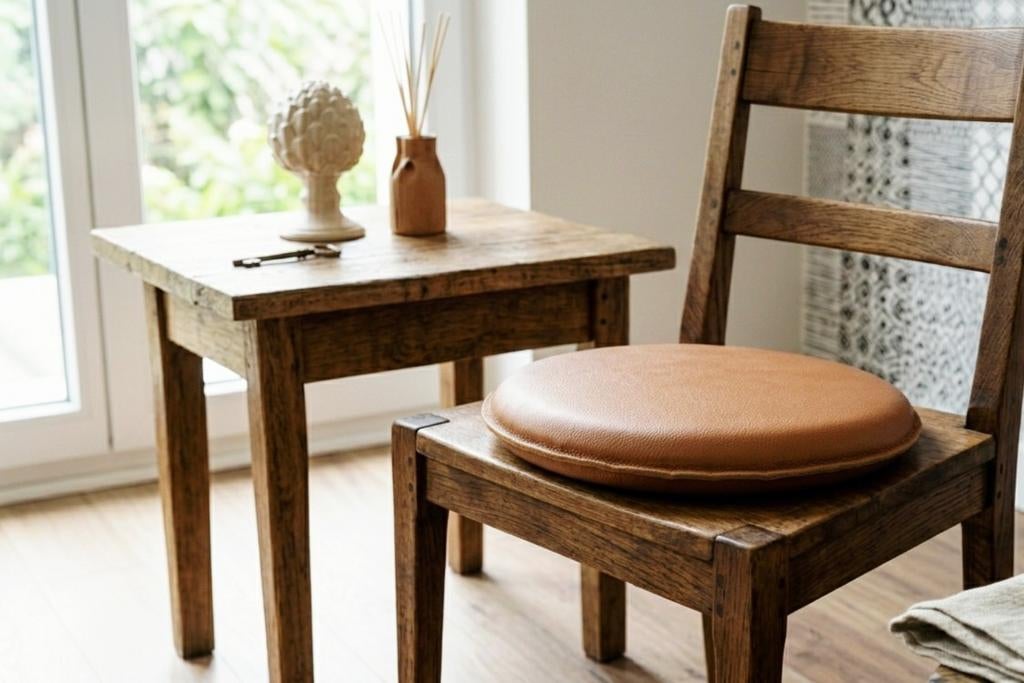 Set van 4 leren stoelkussens met kiezelstenen., Huis en Inrichting, Woonaccessoires | Kussens, Nieuw, Bruin, Rond, Ophalen