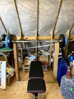 Homegym kleine setup halters, bankje, stang, Sport en Fitness, Fitnessmaterialen, Ophalen, Gebruikt, Benen, Halterset