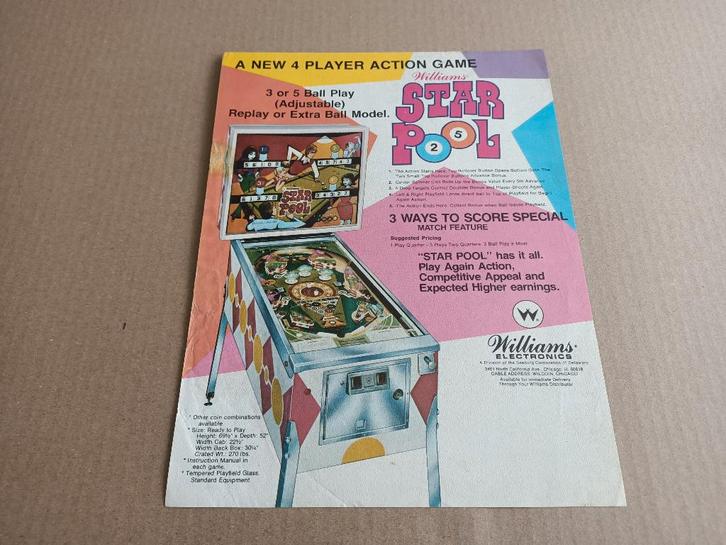 Flyer: Williams Star Pool (1974) Flipperkast, Collections, Machines | Flipper (jeu), Williams, Envoi