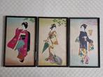 Japanse schilderijen op zijde, geisha, originele kader, Antiek en Kunst, Ophalen of Verzenden