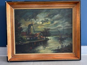  Landschapsschilderij - Hollandse Maannacht (gesigneerd R. L beschikbaar voor biedingen