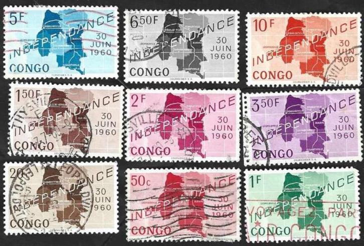 9 Postzegels Congo-Kinshasa 1960 Independance, Postzegels en Munten, Postzegels | Afrika, Gestempeld, Overige landen, Ophalen of Verzenden