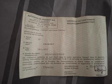 Peugeot 305-registratie- en conformiteitspapier beschikbaar voor biedingen