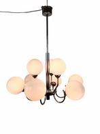 Vintage Hanglamp met 9 witte glazen bollen / lichtpunten, Ophalen, 50 tot 75 cm, Glas, Mid-Century Modern / Space Age