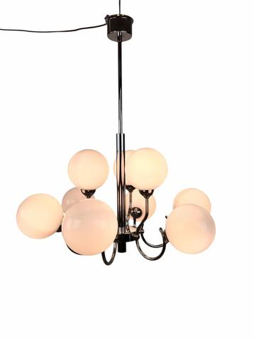 Vintage Hanglamp met 9 witte glazen bollen / lichtpunten beschikbaar voor biedingen