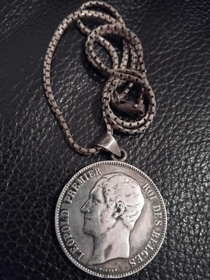 Pendentif en argent véritable de 5 F Leopold Premier, Timbres & Monnaies, Pièces & Médailles, Argent, Enlèvement ou Envoi