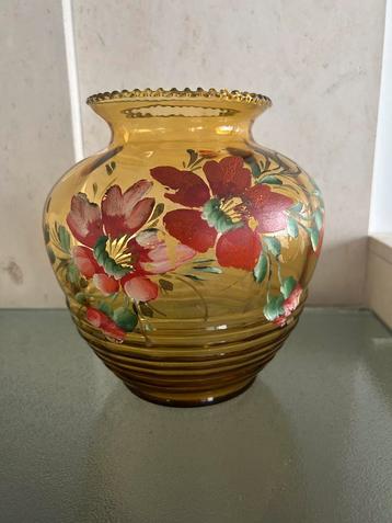 Vintage okergele handgeschilderde vaas, 21 cm beschikbaar voor biedingen