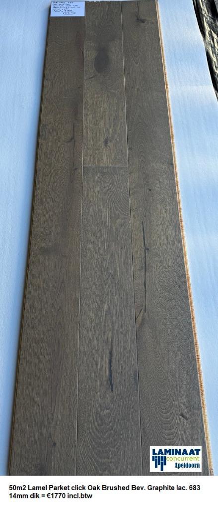 50m2 Lamel Parket click Oak Brus. Graphite 683 14mm = €1770, Huis en Inrichting, Stoffering | Vloerbedekking, Nieuw, Parket, Bruin