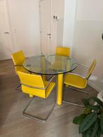 Enrico Pellizzoni design eettafel + 4 gele leren stoelen, Huis en Inrichting, Ophalen, Rond, Vier personen, Glas