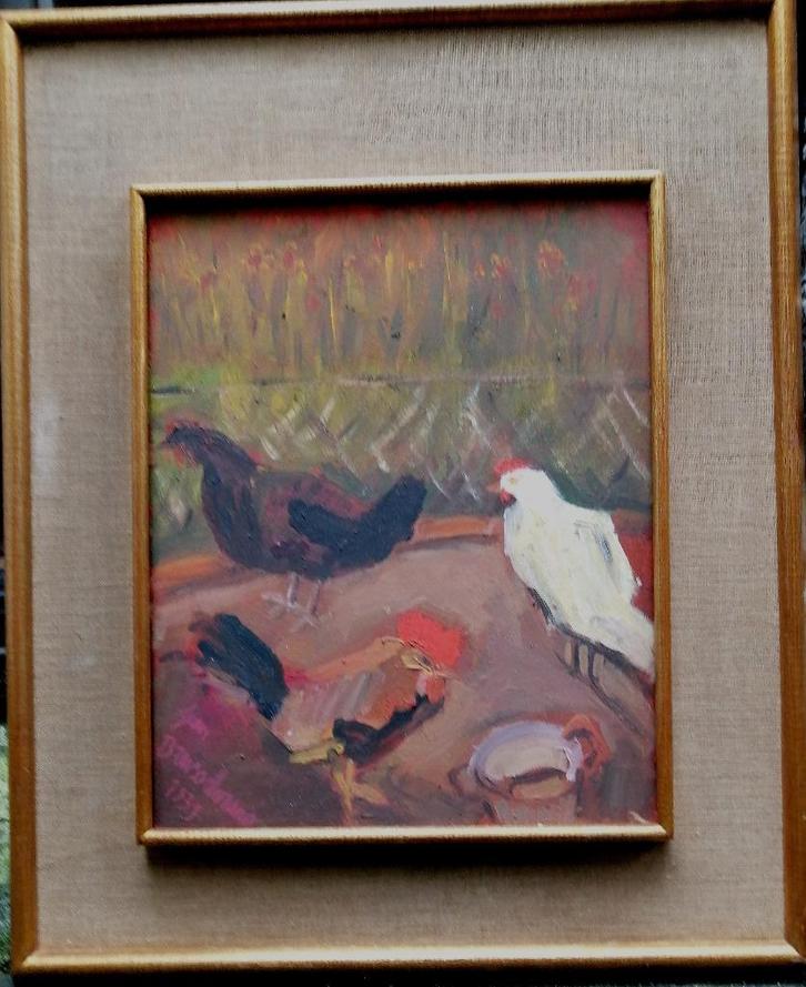 Jean Brusselmans ' Kippen " olieverf op karton, Antiek en Kunst, Kunst | Schilderijen | Klassiek, Verzenden