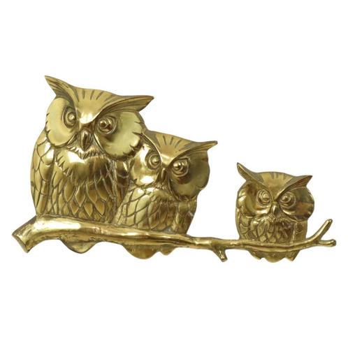 Gouden Wandsculptuur Uilen op Tak Messing Seventies 47cm, Verzamelen, Beelden en Beeldjes, Gebruikt, Dier, Ophalen of Verzenden