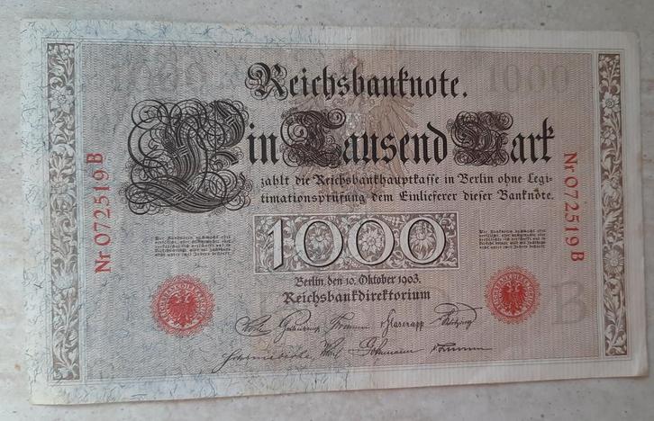 Reichsbanknote 1000 mark 1903 rode stempel 6 cijfers, Postzegels en Munten, Bankbiljetten | Europa | Niet-Eurobiljetten, Duitsland