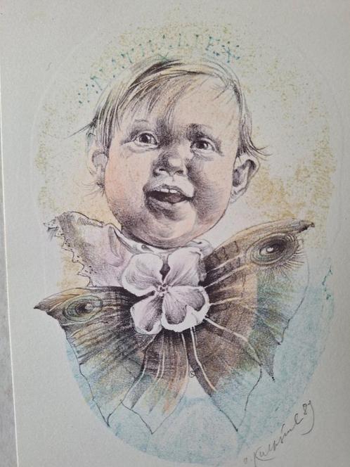 Litho in kleur van Oldrich Kulhanek Kind met vlinder 1989, Antiek en Kunst, Kunst | Litho's en Zeefdrukken, Ophalen of Verzenden