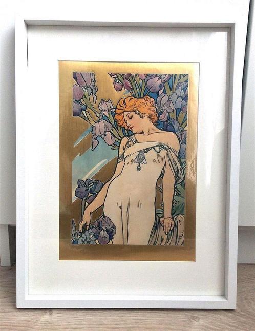 Alphonse Mucha ingelijste print goud folie natuur, Verzamelen, Posters, Nieuw, Verzenden