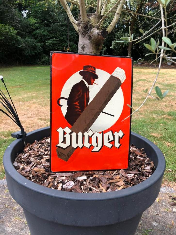 Blikken 1950s reclamebord Burger sigaren, Verzamelen, Merken en Reclamevoorwerpen, Zo goed als nieuw, Reclamebord, Ophalen of Verzenden