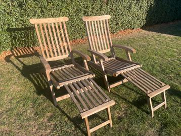 Set 2 ligzetels/deckchairs Jati & Kebon Teak met kussens beschikbaar voor biedingen