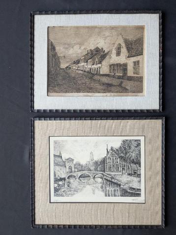 LOT 2 etsen Brugge - Omer Coppens + onleesbaar - ingekaderd beschikbaar voor biedingen
