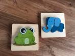 Houten legpuzzel 4 stuks - kikker en olifant, Kinderen en Baby's, Ophalen of Verzenden, Zo goed als nieuw, Van hout, Minder dan 10 stukjes